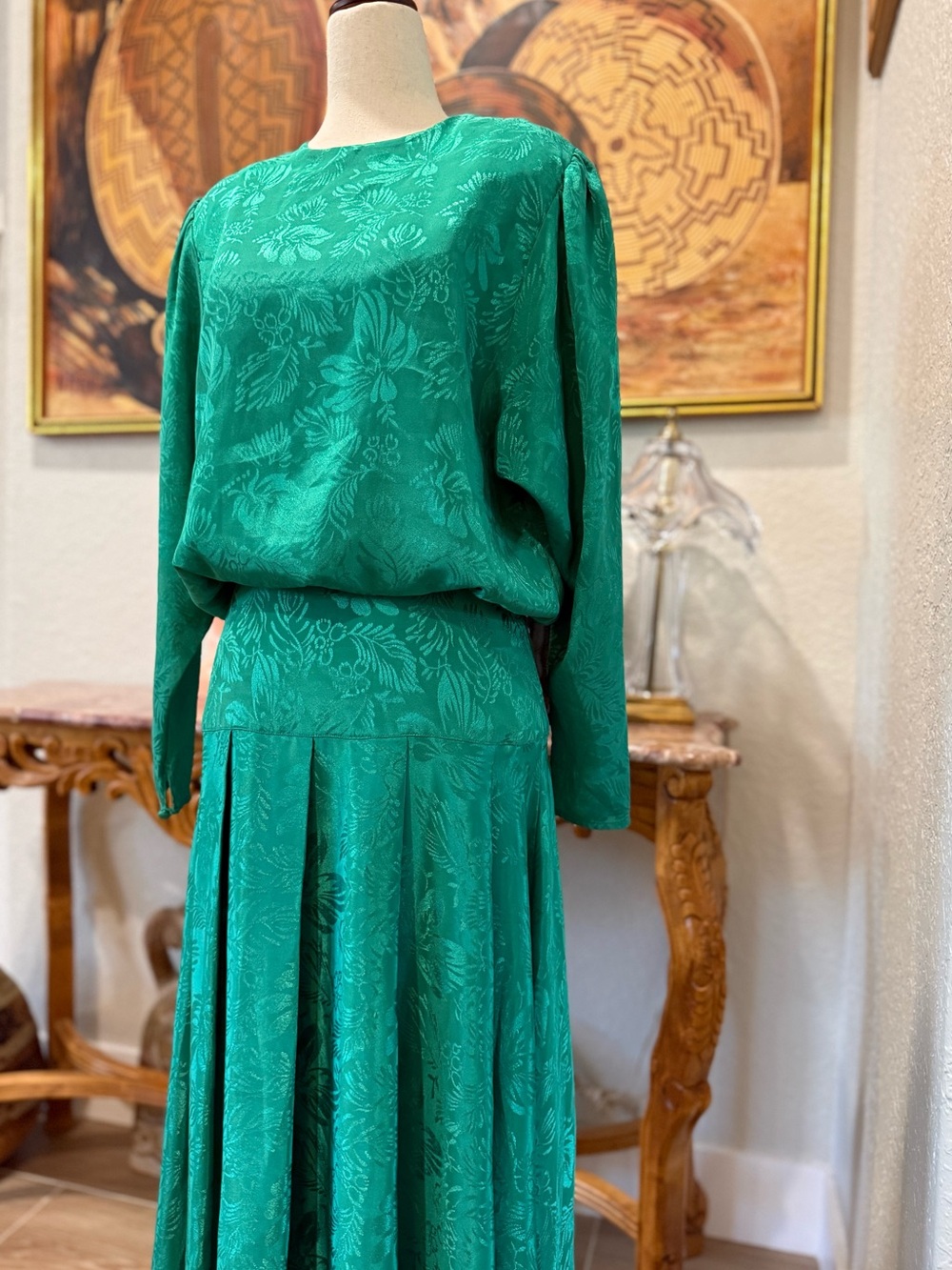 VTG Emerald Green Silk Drop Waist Dress